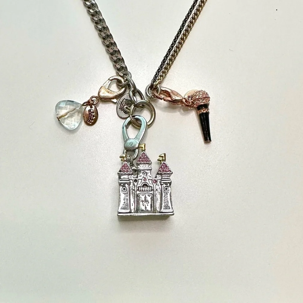 Juicy Couture Chunky Charm Silver Gold Black Tone Crystal Statement Necklace - Picture 3 of 16
